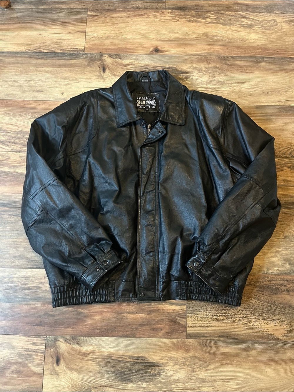Vintage Quality Gino Leather Jacket Black Bomber Collared Coat 3XL Excellent